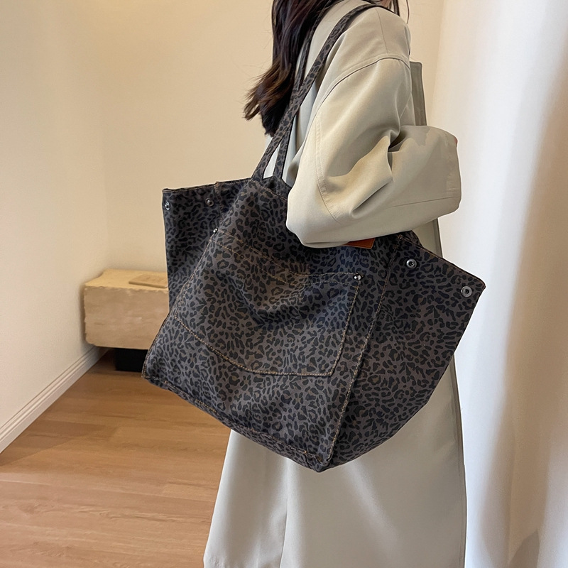 Women'S Bags For Work - レオパード柄トートバッグ ヴィンテージキャンバスショルダーバッグ ファッション大容量ハンドバッグ 学校 仕事 ショッピング用