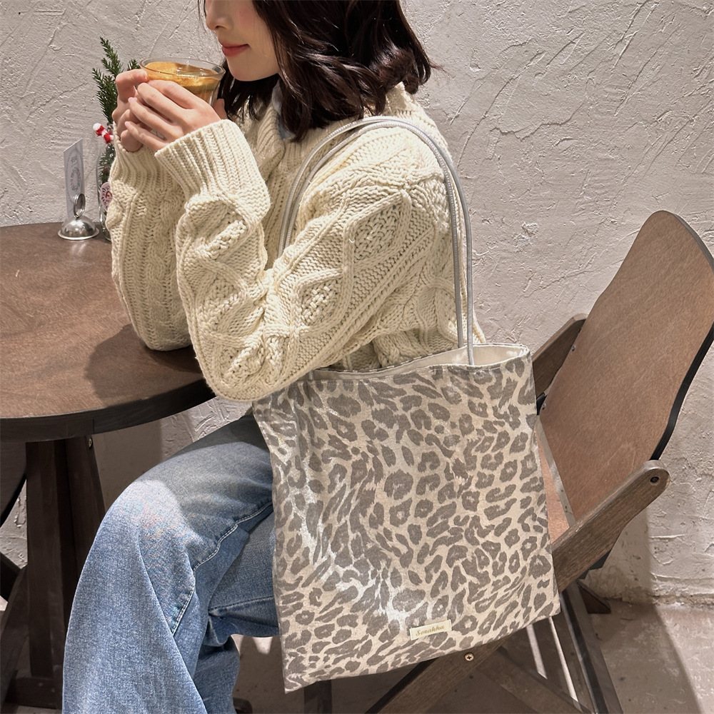 Women Bags Grey - シルバーグレー カジュアル ヒョウ柄 シングルショルダー レディース トートバッグ