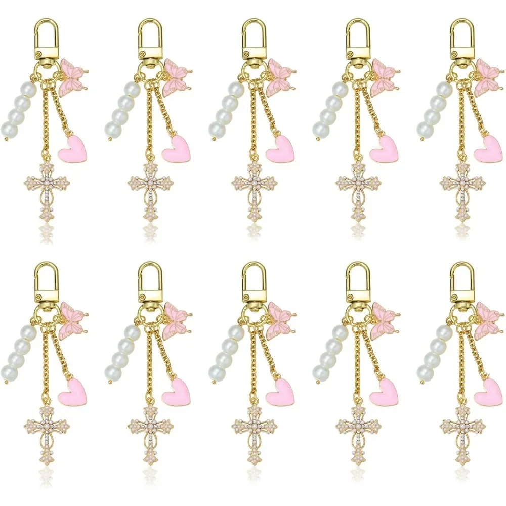 Women Bags For Eid - 5-15 個ピンクバタフライハートクロスパールバッグチャームキーホルダー洗礼聖体拝領結婚式誕生日パーティーゲスト記念品女性へのギフト