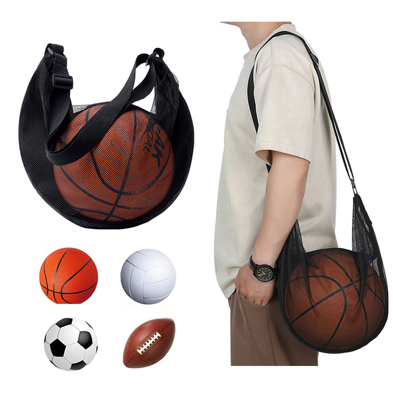 Mesh Net Bag - 1 個シングルボールバッグジッパーポケット付きメッシュボール収納袋スポーツ用品巾着スリング収納ネットキャリーバスケットボール