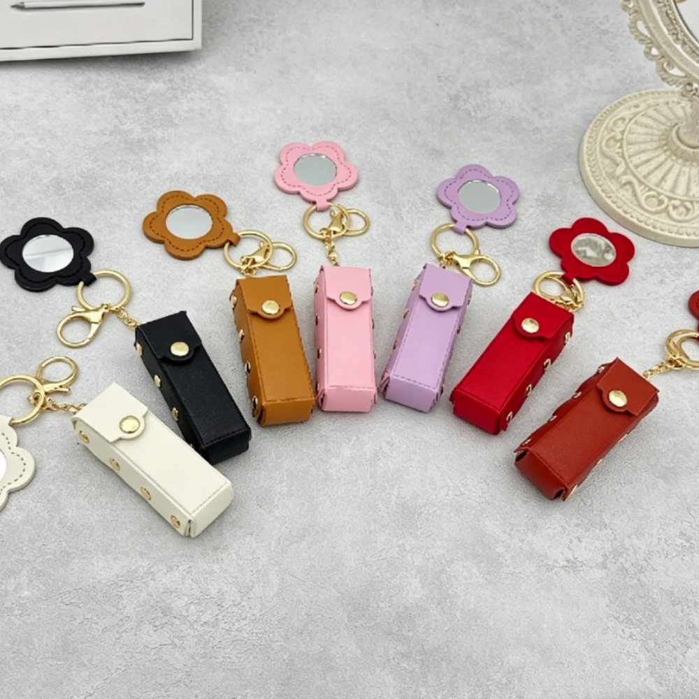Women Bags Max - 1個入りポータブルリップスティックケースバッグチャーム、フラワーミラー付き、女性用ミニリップスティックポーチキーホルダー、キュートなPUレザーバッグアクセサリー