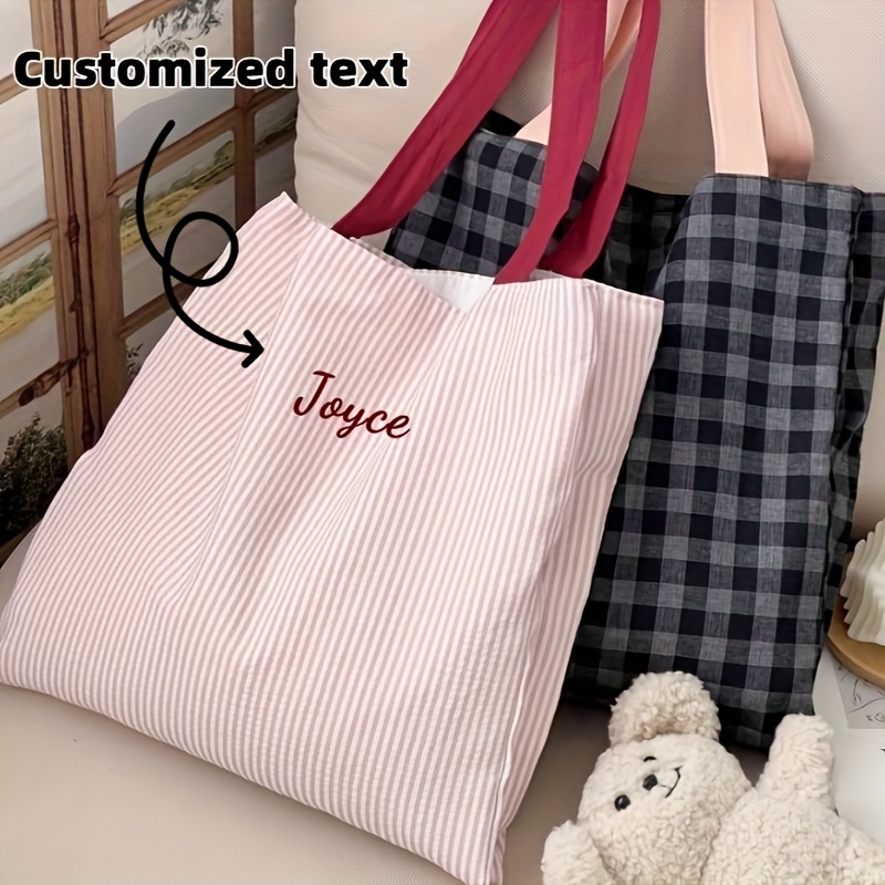Women Bags Name - カスタム名刺繍トートバッグ女性ストライプチェック柄キャンバスショルダーバッグカジュアルショッピングハンドバッグ学生韓国スタイルファッションギフト