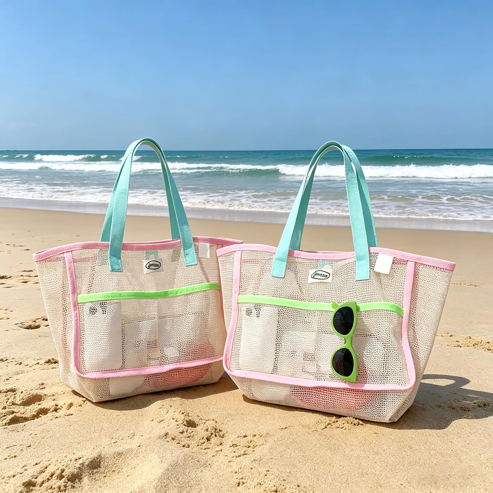 Mesh Net Bag - 女性用ビーチバッグ カラフルな折りたたみ式ネットサンドトートバッグ 旅行用プール収納ポケット ビーチアクセサリー用