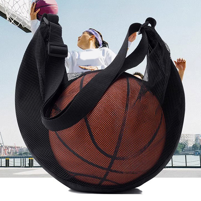 Mesh Net Bag - 1 個シングルボールバッグジッパーポケット付きメッシュボール収納袋スポーツ用品巾着スリング収納ネットキャリングバスケットボール
