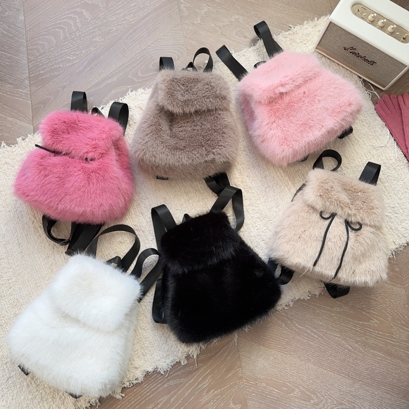 Women Bags Max - 女性フェイクキツネの毛皮のバックパック無地巾着秋冬ソフトぬいぐるみバックパックアメリカンカジュアルファッションレトロハンドバッグ
