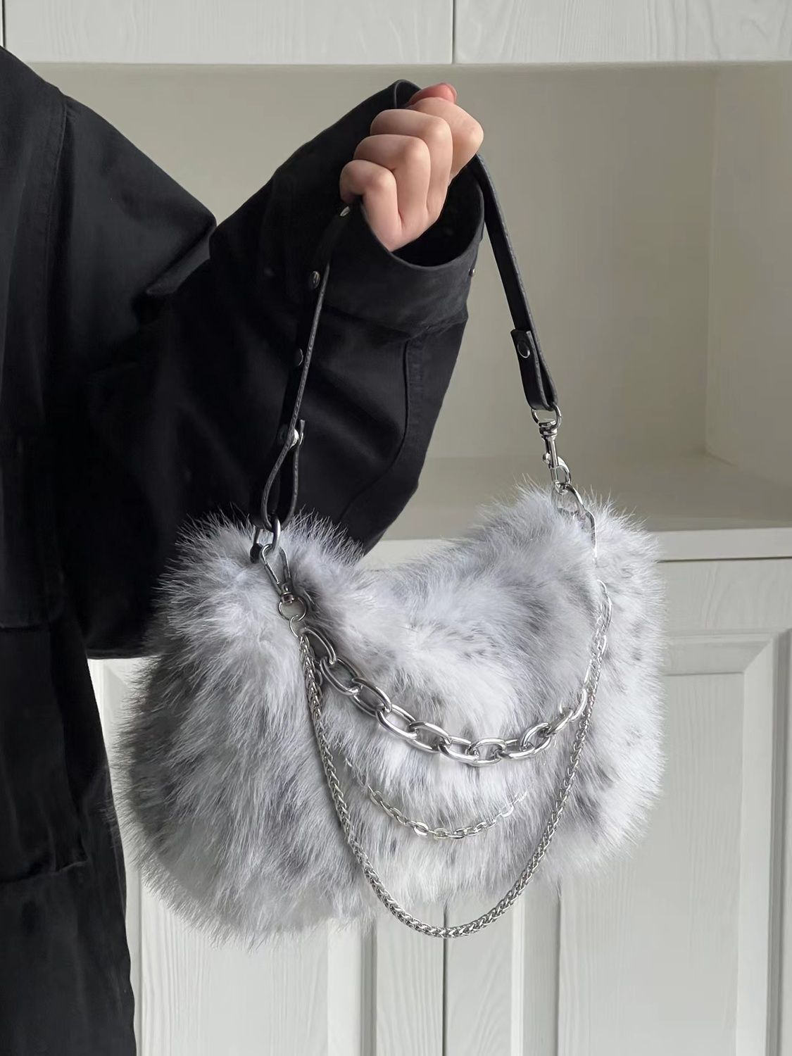 Women Bags Grey - 女性のためのヴィンテージ原宿トレンディなぬいぐるみハンドバッグ,フラッシャー,ショルダーバッグ,チェーン,ソフト,グレー,美的,トレンディ,新しい秋のコレクションJIAERDI-Y2K