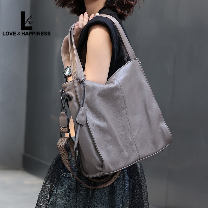 Women Bags Grey - Nesitu ハイエンド A4 ブラックグレーパープル大容量本革女性ハンドバッグ女性牛革ショルダーメッセンジャーバッグトート M6833
