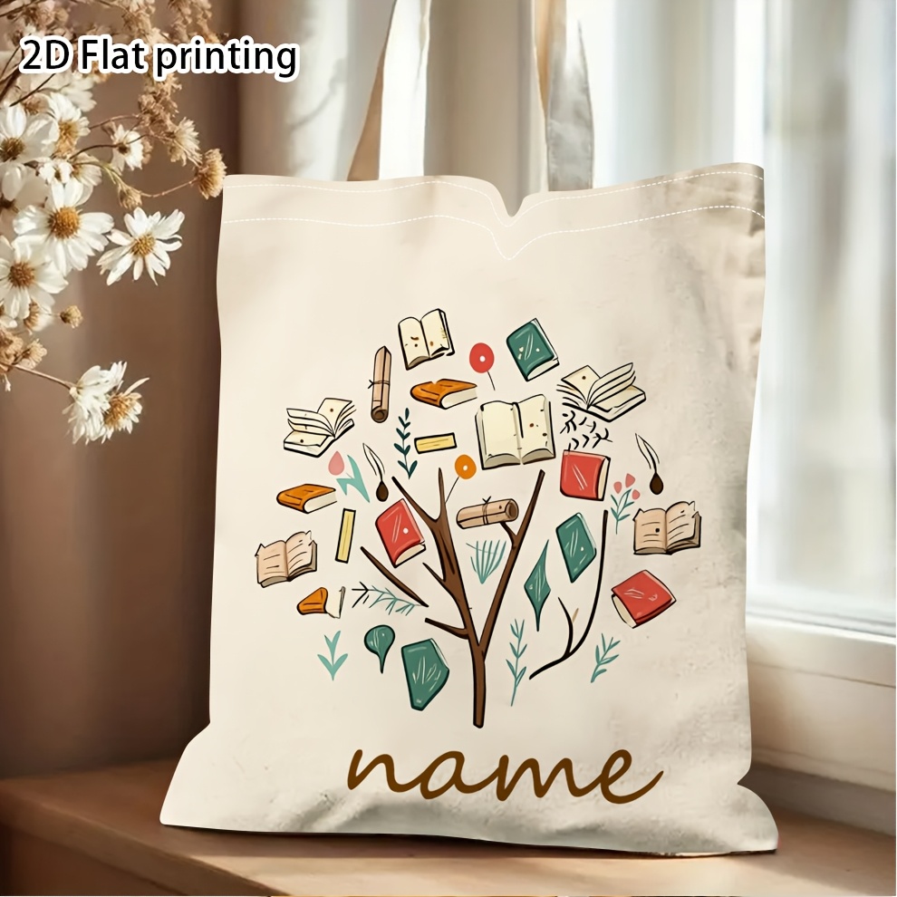 Women Bags Name - 女性用パーソナライズブックテーマトートバッグ カスタマイズ可能な名前/イニシャル/テキストブックツリーパターン付き 洗えるバッグ付き 旅行用