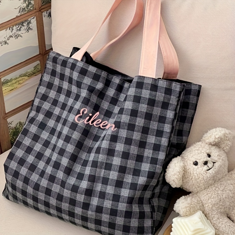 カスタム名刺繍トートバッグ女性ストライプチェック柄キャンバス - Women Bags Name のレビューと価格