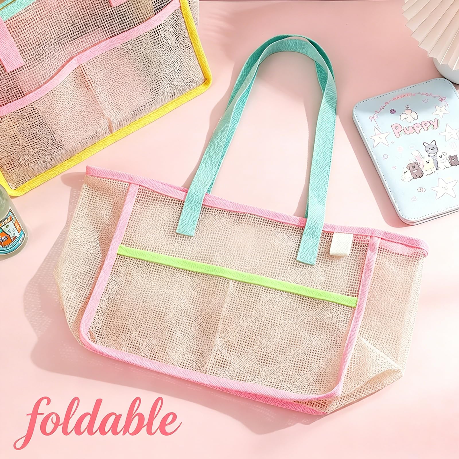 女性用ビーチバッグ カラフルな折りたたみ式ネットサンドトート - Mesh Net Bag のレビューと価格