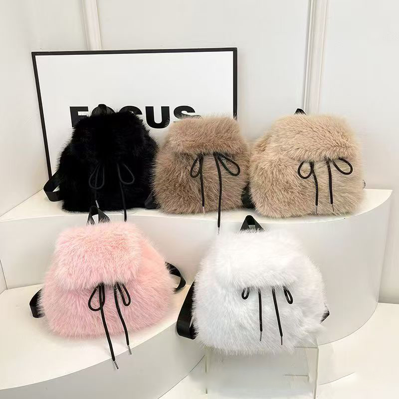女性フェイクキツネの毛皮のバックパック無地巾着秋冬ソフトぬい - Women Bags Max のレビューと価格