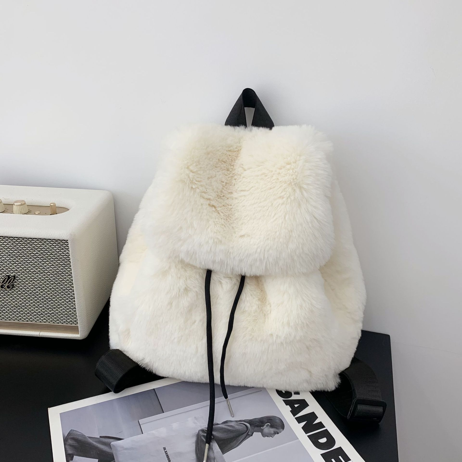 女性フェイクキツネの毛皮のバックパック無地巾着秋冬ソフトぬい - Women Bags Max のレビューと価格