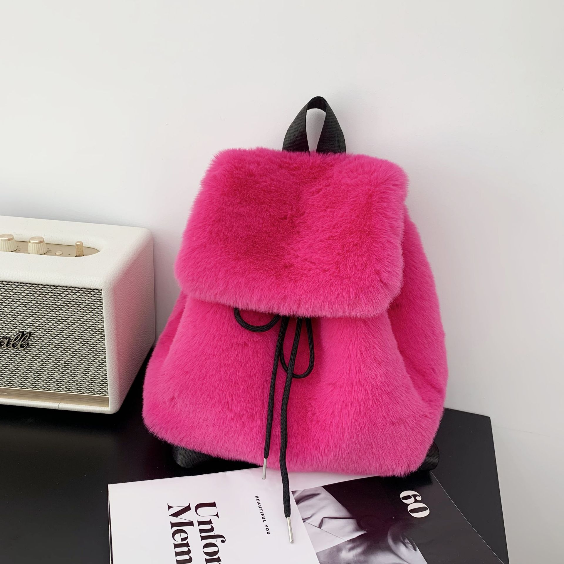 女性フェイクキツネの毛皮のバックパック無地巾着秋冬ソフトぬい - Women Bags Max のレビューと価格