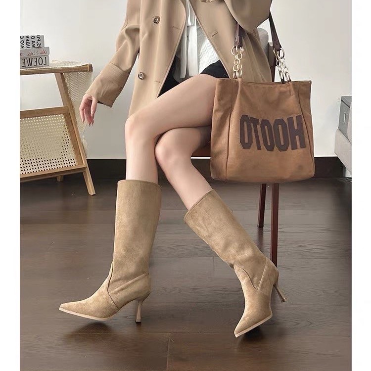 牛革スエードミッドカーフモダンブーツ細ヒールハイヒールレディ - Women Bags For Sale のレビューと価格